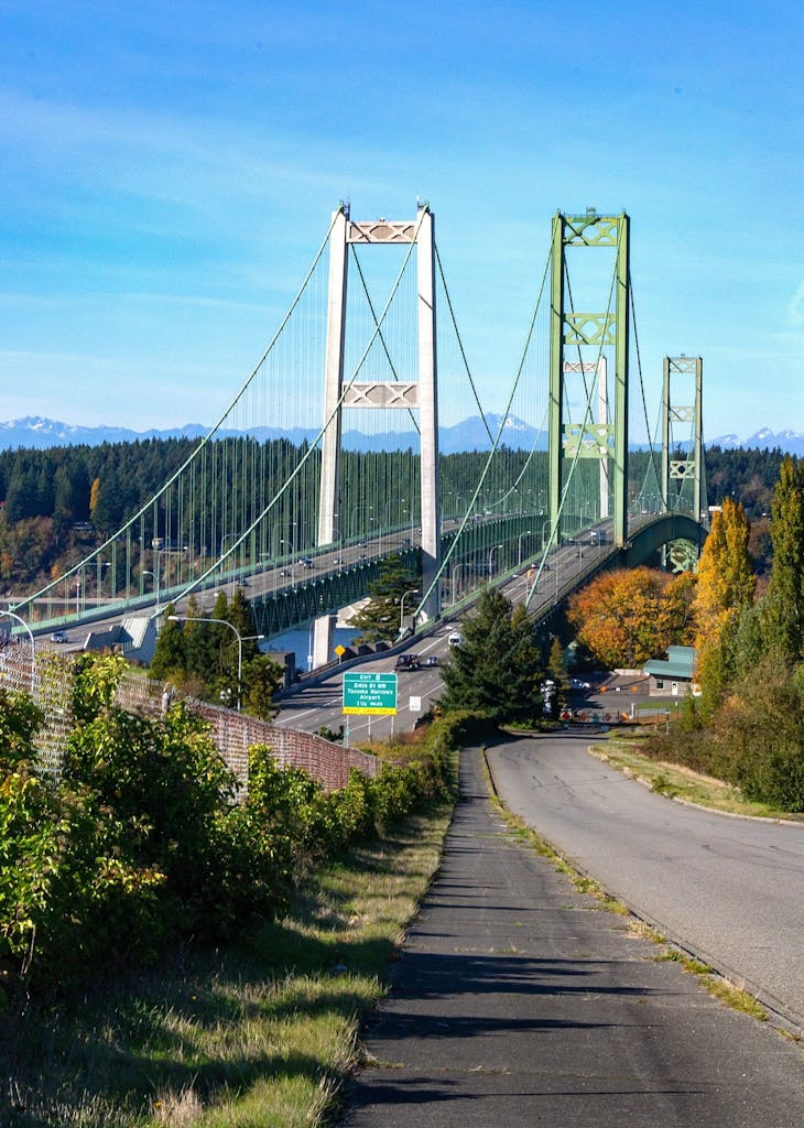 Picturesque scene of Tacoma Narrows Bridge surrounded by fall foliage on a sunny day.